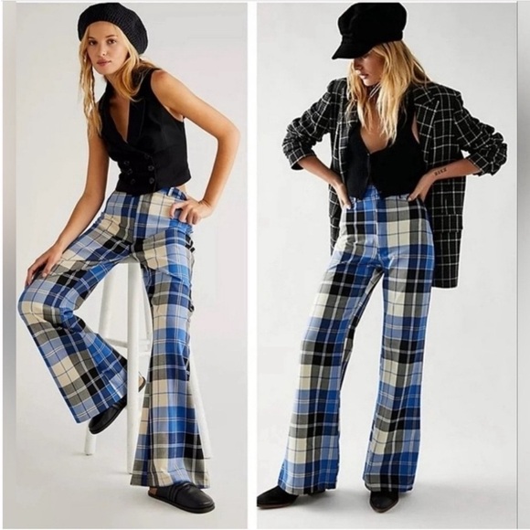 NWOT/FREE PEOPLE BLUE CHECK PLAID BELL BOTTOM PANTS SZ: 10 - Picture 4 of 8